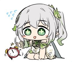 Rule 34 | 1girl, :d, alarm clock, blush stickers, bracelet, braid, chibi, clock, commentary, detached sleeves, dress, english commentary, flying sweatdrops, genshin impact, gradient hair, green eyes, grey hair, hair between eyes, hair ornament, headpat, jewelry, long hair, multicolored hair, nahida (genshin impact), open mouth, pointy ears, sesield, short sleeves, side ponytail, sidelocks, simple background, single braid, sitting, sketch, smile, solo, symbol-shaped pupils, wariza, white background, white dress