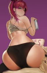 Rule 34 | 1girl, absurdres, alcohol, anus, ass, beer, black panties, blush, from behind, highres, hololive, houshou marine, leaning forward, looking back, mr tangsuyuk, multicolored eyes, panties, red eyes, red hair, skindentation, smile, solo, turning head, twintails, underwear, virtual youtuber, yellow eyes