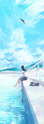 Rule 34 | 1girl, barefoot, bird, black footwear, black hair, blouse, blue sailor collar, blue skirt, building, cloud, cloudy sky, commentary request, day, from side, gemi, highres, knees together feet apart, loafers, long image, looking afar, mountain, ocean, original, pleated skirt, ponytail, railing, sailor collar, scenery, school uniform, serafuku, shirt, shoes, unworn shoes, short sleeves, sitting, skirt, sky, solo, sunlight, tall image, water, water drop, white shirt