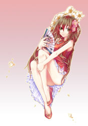 Rule 34 | 1girl, ahoge, artist request, axis powers hetalia, bare legs, bare shoulders, brown eyes, brown hair, china dress, chinese clothes, dress, flower, flower on head, folding fan, full body, hair flower, hair ornament, hand fan, high heels, highres, hika (cross-angel), legs together, long hair, looking at viewer, lying, pink background, pumps, red dress, shoes, simple background, sleeveless, sleeveless dress, solo, taiwan, taiwan (hetalia), thighs