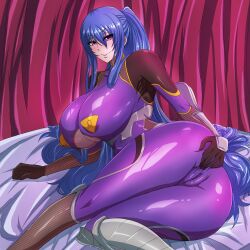 1girl :&gt; absurdres akiyama_rinko ass blue_hair blush bodysuit breasts cameltoe cleavage clothing_cutout covered_erect_nipples fishnet_bodysuit fishnets gloves hair_between_eyes highres huge_ass huge_breasts ierouyellow impossible_bodysuit impossible_clothes long_hair looking_at_viewer lying ninja on_side ponytail presenting purple_bodysuit purple_eyes pussy skin_tight smile solo spread_pussy spread_pussy_under_clothes spreading_own_pussy taimanin_(series) taimanin_suit taimanin_yukikaze underboob_cutout very_long_hair wide_hips