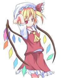 Rule 34 | 1girl, arms behind head, arms up, ascot, bad id, bad pixiv id, blonde hair, colored eyelashes, eyebrows, eyelashes, female focus, flandre scarlet, hat, hat ribbon, looking at viewer, lv21, puffy sleeves, red eyes, ribbon, shirt, short sleeves, side ponytail, skirt, skirt set, smile, solo, thick eyebrows, touhou, vest, wings