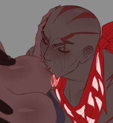 Rule 34 | 1boy, 1girl, bald, blush, breast sucking, breasts, closed eyes, hetero, highres, ilwha, large breasts, league of legends, nipples, pyke (league of legends), scar, scar across eye, senna (league of legends), shiny skin, simple background