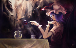 Rule 34 | 1girl, artist name, bat wings, chair, cup, dress, female focus, floating, hat, hat ribbon, jq, levitation, light, light particles, light rays, lips, mob cap, pink dress, pink hat, pointy nose, profile, purple hair, red eyes, remilia scarlet, ribbon, sauce, short hair, short sleeves, signature, sitting, solo, steam, table, tablecloth, teacup, teapot, touhou, upper body, wings, wrist cuffs