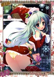 Rule 34 | 1girl, :o, absurdres, ass, bell, bent over, black thighhighs, blue eyes, blush, box, christmas, d:, from behind, gate, gift, gift box, green hair, hat, highres, hole, holly, long hair, looking back, open mouth, original, panties, print thighhighs, sack, santa costume, santa hat, shiramori yuse, snow, snowflakes, snowing, solo, thighhighs, underwear, yellow panties