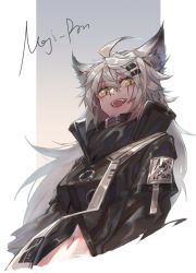 Rule 34 | 1girl, ahoge, animal ears, arknights, black coat, breasts, coat, commentary, fangs, grey background, hair between eyes, hair ornament, hairclip, lappland (arknights), long hair, looking at viewer, medium breasts, midriff, navel, nejikyuu, open mouth, scar, scar across eye, scar on face, signature, silver hair, simple background, smile, solo, two-tone background, upper body, white background, wolf ears, yellow eyes