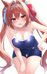 Rule 34 | 1girl, absurdres, animal ears, bare arms, bare shoulders, bent over, blue one-piece swimsuit, blush, breasts, brown hair, collarbone, competition school swimsuit, covered navel, cowboy shot, daiwa scarlet (umamusume), hair intakes, hand on own hip, highres, horse ears, large breasts, long hair, one-piece swimsuit, open mouth, red eyes, school swimsuit, scowl, simple background, solo, swimsuit, thigh gap, thighs, tiara, umamusume, v-shaped eyebrows, very long hair, white background, zeatto