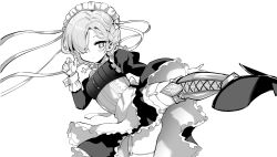 Rule 34 | 1girl, apron, azur lane, azur lane: slow ahead, boots, collar, cross-laced footwear, garter straps, greyscale, hair over one eye, highres, hori (hori no su), juliet sleeves, kicking, lace-up boots, long sleeves, maid, maid apron, maid headdress, metal collar, monochrome, official art, puffy sleeves, sheffield (azur lane), standing, standing on one leg, thighhighs, thighhighs under boots