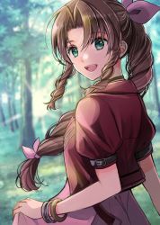 Rule 34 | 1girl, aerith gainsborough, bangle, black choker, bracelet, braid, braided ponytail, brown hair, choker, cropped jacket, dress, final fantasy, final fantasy vii, final fantasy vii remake, forest, green eyes, hair ribbon, jacket, jewelry, long hair, looking back, nature, open mouth, outdoors, parted bangs, pink dress, pink ribbon, puffy short sleeves, puffy sleeves, red jacket, ribbon, ruiki (fkhv7527), short sleeves, sidelocks, sleeping forest, smile, solo, square enix, teeth, tree, upper body, upper teeth only