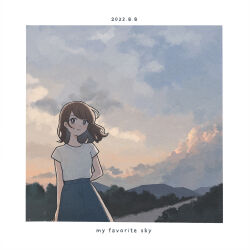 Rule 34 | 1girl, arm at side, arm behind back, blue skirt, border, brown eyes, brown hair, closed mouth, cloud, commentary request, dated, dot nose, dusk, grey sky, highres, light smile, looking at viewer, medium hair, nahara saki, orange sky, original, outdoors, shirt, short sleeves, sketch background, skirt, sky, solo, standing, t-shirt, white border, white shirt, wind