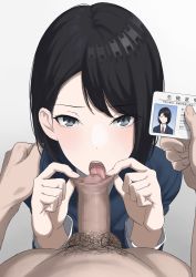 Rule 34 | 1boy, 1girl, black hair, card, censored, fellatio, foreskin, foreskin insertion, foreskin play, foreskin pull, from above, grey eyes, hetero, highres, holding, holding card, id card, kaminari doon, licking, licking penis, looking at viewer, male pubic hair, mosaic censoring, oral, original, penis, phimosis, pov, pov crotch, pubic hair, school uniform, short hair, solo focus, swept bangs, tongue, tongue out, tongue under foreskin