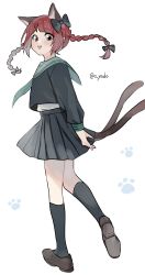 Rule 34 | 1girl, :3, absurdres, alternate costume, animal ears, black bow, black legwear, black skirt, bow, braid, brown footwear, cat ears, cat tail, extra ears, green bow, highres, kaenbyou rin, looking back, multiple tails, open mouth, paw print, pointy ears, red eyes, red hair, school uniform, serafuku, signature, simple background, skirt, smile, solo, tail, touhou, twin braids, two tails, white background, yadoyuki