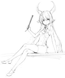Rule 34 | 1girl, :o, blush, breasts, china dress, chinese clothes, crossed legs, dragon horns, dress, elbow gloves, full body, gloves, grand summoners, hair between eyes, highres, holding, horns, long hair, looking at viewer, mary janes, monochrome, navel, open mouth, pelvic curtain, shoes, sitting, sketch, small breasts, solo, thighhighs
