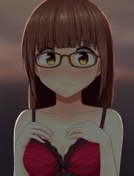 Rule 34 | 1girl, bad id, bad pixiv id, blunt bangs, blush, bow, bow bra, bra, breasts, brown hair, cleavage, collarbone, embarrassed, frown, glasses, gradient background, hands on own chest, highres, lace, lace bra, lingerie, long hair, looking at viewer, minagiku, original, red bra, small breasts, solo, underwear, underwear only, yellow eyes