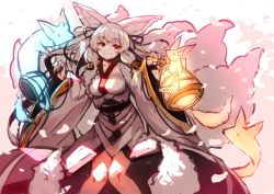 Rule 34 | 1girl, animal ears, breasts, closed mouth, collarbone, feet out of frame, fox, fox ears, fox girl, fox tail, holding, holding lantern, japanese clothes, kimono, kitsune, knees together feet apart, lantern, long hair, long sleeves, looking at viewer, medium breasts, multiple tails, original, petals, red eyes, silver hair, sketch, sleeves past wrists, smile, solo, spirit, standing, tail, white kimono, wide sleeves, yuuji (yukimimi)