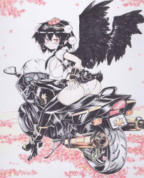 Rule 34 | 1girl, adapted costume, ass, black hair, black thighhighs, black wings, blush, boots, breasts, bursting breasts, contemporary, covered erect nipples, female focus, from behind, gauntlets, geta, gloves, goggles, goggles on head, hand on own hip, hat, large breasts, leaf, leaning forward, looking at viewer, looking back, maple leaf, microskirt, miniskirt, motor vehicle, motorcycle, necktie, okiraku nikku, panties, pantyshot, pleated skirt, pointy ears, red eyes, revealing clothes, seductive smile, shameimaru aya, shikishi, shiny clothes, shiny skin, short hair, sitting, skirt, smile, solo, straddling, thighhighs, tokin hat, touhou, traditional media, underwear, upskirt, vehicle, white panties, wings