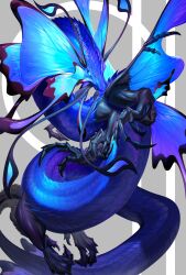 Rule 34 | animal focus, antennae, arthropod limbs, blank eyes, blue sclera, blue wings, butterfly wings, claws, colored sclera, commentary, dragon, from side, fur-tipped tail, grey background, head wings, highres, insect wings, looking at viewer, mian (3zandora), monster, multiple legs, multiple wings, no humans, original, scales, signature, simple background, solo, twitter username, wings