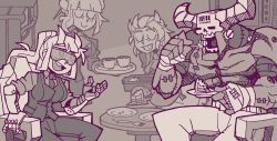 Rule 34 | 1boy, 3girls, apple pie, apron, ascot, baking sheet, bandaged hand, bandages, barcode, barcode tattoo, blunt bangs, bolt, breasts, brown theme, chair, closed eyes, closed mouth, collared shirt, crumbs, cup, demon, demon boy, demon girl, dessert, drink, eating, food, forehead tattoo, fork, formal, frilled apron, frills, goggles, grin, hand up, hands up, happy, helltaker, holding, holding fork, holding plate, holding tray, horns, jacket, justice (helltaker), leaning forward, long hair, long sleeves, looking at another, loremaster (helltaker), lucifer (helltaker), machinery, mechanical arms, medium breasts, mittens, mole, mole under eye, monochrome, multiple girls, muscular, muscular male, necktie, official art, open mouth, pants, pectorals, plate, ponytail, prosthesis, sepia, shirt, short hair, sitting, sketch, skull, sleeves rolled up, smile, spatula, standing, stitches, subject 67 (helltaker), suit, table, tattoo, teacup, teeth, tray, vanripper, vest, waist apron