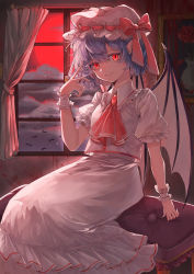 Rule 34 | 1girl, absurdres, ascot, bat (animal), bat wings, blue hair, bow, brooch, chair, coppepan, curtains, dress, frilled shirt, frilled shirt collar, frilled sleeves, frills, hand up, hat, hat ribbon, highres, jewelry, looking at viewer, mob cap, moon, picture frame, pointy ears, puffy short sleeves, puffy sleeves, red bow, red eyes, red moon, red ribbon, remilia scarlet, ribbon, shirt, short hair, short sleeves, sitting, touhou, v, white dress, window, wings, wrist cuffs