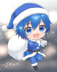 Rule 34 | 1boy, :d, belt, blue eyes, blue hair, blush, boots, chibi, christmas, fur collar, fur trim, hands up, hat, holding, holding sack, kaito (vocaloid), kikuchi mataha, long sleeves, looking at viewer, open mouth, over shoulder, pom pom (clothes), sack, santa costume, santa hat, short hair, smile, solo, sparkle, standing, standing on one leg, vocaloid