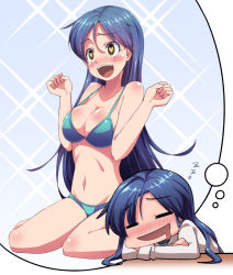 Rule 34 | 1girl, bikini, blue hair, bon (moegomi), breast conscious, breasts, brown eyes, cleavage, dreaming, drooling, heart, heart-shaped pupils, idolmaster, idolmaster (classic), kisaragi chihaya, large breasts, long hair, saliva, sleeping, sparkle, strap gap, swimsuit, symbol-shaped pupils, thought bubble, zzz