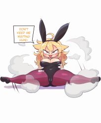 Rule 34 | 1girl, absurdres, ahoge, animal ears, april fools, bed invitation, blonde hair, blush stickers, bow, bowtie, breasts, cameltoe, chestnut mouth, chibi, cleavage, cleft of venus, commentary, easter, english commentary, english text, fake animal ears, fangs, full body, hentaly, high heels, highres, large breasts, leotard, long hair, looking at viewer, nipple slip, nipples, no nose, pantyhose, playboy bunny, presenting, pumps, purple pantyhose, red eyes, rwby, shortstack, solo, speech bubble, split, spread legs, strapless, strapless leotard, thick thighs, thighs, transformation, white bow, white bowtie, yang xiao long