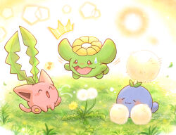 Rule 34 | :3, blowing, blush stickers, bright pupils, closed eyes, closed mouth, creatures (company), dandelion, dandelion seed, evolutionary line, flower, full body, game freak, gen 2 pokemon, happy, hoppip, jumpluff, musical note, nintendo, no humans, on grass, open mouth, outdoors, pokemon, pokemon (creature), red eyes, shuri (syurigame), skiploom, surprised, sweatdrop, white pupils