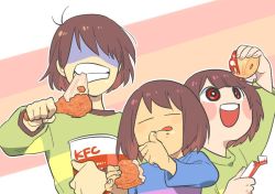 Rule 34 | 3others, = =, androgynous, blue shirt, bob cut, brown hair, bucket, chara (undertale), chicken (food), closed eyes, deltarune, eating, fried chicken, frisk (undertale), green shirt, ketchup, kfc, kris (deltarune), licking lips, multiple others, other focus, red eyes, shaded face, shirt, short hair, striped clothes, striped shirt, tongue, tongue out, ukiyo199, undertale