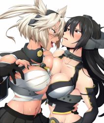 Rule 34 | 10s, 2girls, abs, bare shoulders, between breasts, black hair, black nails, blush, breast press, breasts, bridal gauntlets, choker, cleavage, collar, collarbone, dark-skinned female, dark skin, eye contact, fang, female focus, fingerless gloves, glasses, gloves, hair between eyes, hairband, hand on another&#039;s back, headgear, hug, ikeshita moyuko, interracial, jewelry, kantai collection, large breasts, long hair, looking at another, midriff, multiple girls, musashi (kancolle), musashi kai (kancolle), nagato (kancolle), nail polish, naughty face, navel, neck, neck ring, open mouth, pointy hair, red eyes, sarashi, shiny skin, short hair, shy, simple background, skindentation, symmetrical docking, tongue, tongue out, twintails, upper body, white background, white hair, you gonna get raped, yuri