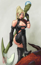 Rule 34 | 1girl, areola slip, armband, armor, asymmetrical gloves, axe, black thighhighs, blonde hair, blue eyes, breasts, cleavage, cleavage cutout, clothing cutout, earrings, elbow gloves, gloves, grey background, halterneck, high heels, jewelry, large breasts, leather, leotard, ninja gaiden, pauldrons, rachel (ninja gaiden), revealing clothes, shoes, shoulder armor, simple background, solo, standing, strap, thigh strap, thighhighs, thighs, uneven gloves, war hammer, weapon