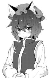 Rule 34 | 1girl, animal ears, blush, cat ears, chen, chinese clothes, closed mouth, earrings, greyscale, hair between eyes, own hands clasped, hat, hiroya juuren, interlocked fingers, jewelry, long sleeves, looking at viewer, mob cap, monochrome, own hands together, simple background, smile, solo, touhou, upper body, vest, white background