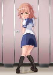 Rule 34 | 1girl, absurdres, blush, highres, looking at viewer, looking back, open mouth, orange hair, peeing, peeing self, princess connect!, public bathroom, puddle, rino (princess connect!), rino (real) (princess connect!), school uniform, shirt, shoes, skirt, socks, solo, standing, udonko (tinanago7715), wet, wet clothes
