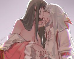 Rule 34 | 2girls, bare shoulders, black hair, blush, bow, breasts, chinese commentary, choko (cup), chromatic aberration, closed eyes, commentary request, cup, dated, french kiss, frilled sleeves, frills, from side, fujiwara no mokou, grey background, hair bow, highres, holding, holding cup, houraisan chouko, houraisan kaguya, kiss, long hair, long sleeves, looking at another, medium breasts, multiple girls, nail polish, off shoulder, pink shirt, profile, red eyes, red nails, saliva, shirt, sidelocks, silver hair, simple background, suspenders, touhou, upper body, white bow, white shirt, wide sleeves, wing collar, yuri