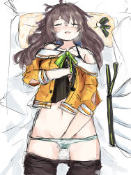 Rule 34 | 1girl, absurdres, bed, grabbing another&#039;s breast, brown hair, clochetteravine, closed eyes, female masturbation, grabbing, hand in panties, highres, hololive, masturbation, natsuiro matsuri, open mouth, panties, pussy juice, solo, underwear, virtual youtuber