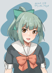 1girl absurdres black_shirt blue_background bow bowtie breasts dated folded_ponytail green_bow green_hair grey_sailor_collar hair_bow hair_ribbon highres kantai_collection looking_at_viewer neckerchief open_mouth orange_bow orange_bowtie orange_neckerchief ponytail ribbon sailor_collar school_uniform serafuku shirt short_sleeves small_breasts solo twitter_username yellow_eyes yuubari_(kancolle) yuushou