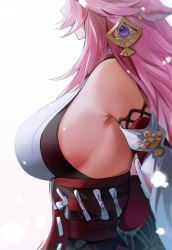 Rule 34 | 1girl, absurdres, breasts, detached sleeves, genshin impact, gradient background, hair ornament, highres, japanese clothes, large breasts, long hair, looking away, miko, pink hair, priestess, sideboob, solo, white background, yae miko, yuki (asayuki101)