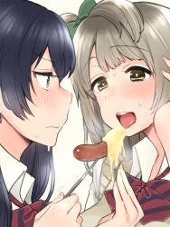 Rule 34 | 2girls, arm up, blue hair, blush, bow, bowtie, chopsticks, closed mouth, commentary request, feeding, food, grey hair, hair between eyes, heart, heart-shaped pupils, holding, indo curry, long hair, looking at another, love live!, love live! school idol project, minami kotori, multiple girls, one side up, open mouth, otonokizaka school uniform, school uniform, simple background, sonoda umi, striped bow, striped bowtie, striped clothes, striped neckwear, symbol-shaped pupils, yellow eyes