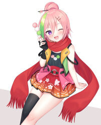 Rule 34 | 1girl, blush, dango, food, green hair, hair ornament, highres, holding, holding food, jacket, multicolored hair, nata ichio, one eye closed, open mouth, original, pink hair, purple eyes, red scarf, red skirt, scarf, single thighhigh, skirt, smile, solo, thighhighs, wagashi