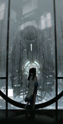 Rule 34 | 1girl, absurdres, barefoot, black hair, building, chinese clothes, city, dress, facing away, from behind, full body, highres, long hair, long sleeves, original, robot, science fiction, solo, tuoer, twintails, white dress, window