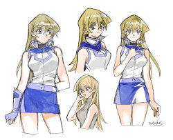 Rule 34 | 1girl, 203wolves, artist name, bare legs, bare shoulders, blonde hair, breasts, buttons, closed mouth, commentary request, duel academy uniform (yu-gi-oh! gx), fingerless gloves, gloves, hand on own chest, hand up, long hair, looking at viewer, medium breasts, miniskirt, multiple views, obelisk blue uniform, open mouth, signature, simple background, skirt, sleeveless, smile, tenjouin asuka, turtleneck, upper body, white background, wide hips, yellow eyes, yu-gi-oh!, yu-gi-oh! gx