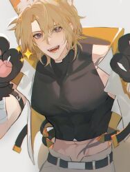 Rule 34 | 1boy, abs, animal ear fluff, animal ears, animal hands, arm strap, belt, black belt, black ribbon, black shirt, blonde hair, blush, claws, collarbone, commentary, compression shirt, covered collarbone, cropped jacket, fangs, gloves, hair between eyes, hands up, highres, idown11, jacket, looking at viewer, luca kaneshiro, male focus, medium hair, navel, nijisanji, nijisanji en, open clothes, open jacket, open mouth, pants, parted bangs, paw gloves, pectorals, purple eyes, ribbon, round teeth, shirt, short sidetail, sidelocks, simple background, sleeveless, sleeveless jacket, sleeveless shirt, smile, solo, sparkle, standing, star (symbol), stomach, stomach tattoo, tattoo, teeth, two-sided fabric, two-sided jacket, virtual youtuber, white background, white jacket