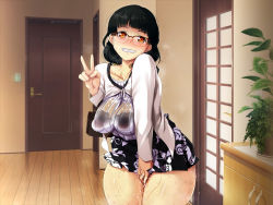 Rule 34 | 1girl, amagasa higasa, bag, black hair, blush, boku no tsuma no cg shuu, bra, breasts, clenched teeth, embarrassed, floor, freckles, glasses, handbag, happy, highres, indoors, large breasts, legs, legs together, looking at viewer, medium hair, original, plant, pussy juice, red eyes, see-through, skirt, smile, solo, standing, sweat, teeth, thighs, underwear, v, wet, wet clothes, wooden floor