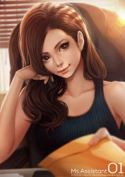 Rule 34 | 1girl, arm support, bare arms, bare shoulders, blue eyes, blurry, brown hair, chair, closed mouth, collarbone, day, depth of field, desk, fingernails, head tilt, holding, holding letter, indoors, lens flare, letter, lips, long hair, magion02, marker, ms.assistant, nose, office, office chair, original, pink lips, realistic, sitting, sleeveless, solo, striped, sunlight, swivel chair, tank top, upper body, vertical stripes, window blinds, window shutter