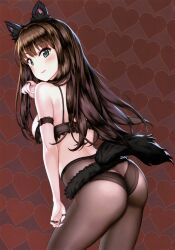 Rule 34 | 1girl, absurdres, animal ears, arm garter, ass, back, bare shoulders, black bra, black panties, blush, border, bra, bra pull, breasts, brown hair, claw pose, closed mouth, clothes pull, green eyes, grey background, hamahama, heart, heart background, highres, hip focus, idolmaster, idolmaster cinderella girls, jewelry, long hair, looking at viewer, looking back, medium breasts, panties, panties under pantyhose, pantyhose, ring, scan, shibuya rin, smile, solo, tail, thighs, thumb ring, underwear, white border, wolf ears, wolf tail
