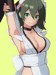 Rule 34 | 1girl, armpits, arms behind head, breasts, cleavage, green eyes, green hair, highres, iroha (samurai spirits), large breasts, legs, looking at viewer, maid, samurai spirits, smile, snk, solo, thighs