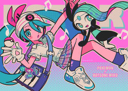 Rule 34 | 1girl, :o, bag, beanie, blush stickers, collared shirt, commentary request, copyright name, creatures (company), crossover, eyelashes, game freak, gen 5 pokemon, gloves, green hair, hat, hatsune miku, highres, legendary pokemon, long hair, meloetta, menma (enaic31), musical note, mythical pokemon, nintendo, open mouth, outstretched arm, pleated skirt, poke ball, poke ball (basic), pokemon, pokemon (creature), project voltage, psychic miku (project voltage), shirt, shoes, shoulder bag, skirt, socks, twintails, vocaloid, white footwear, white gloves, white headwear, white shirt
