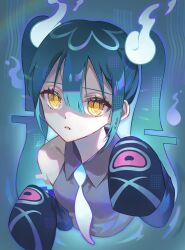Rule 34 | 1girl, absurdres, alternate eye color, aqua hair, bare shoulders, black sleeves, collared shirt, commentary request, creatures (company), detached sleeves, expressionless, game freak, ghost miku (project voltage), grey shirt, hair between eyes, hair ornament, hands up, hatsune miku, highres, kinakomocci518, long hair, looking at viewer, necktie, nintendo, parted lips, pokemon, project voltage, shirt, sidelocks, sleeveless, sleeveless shirt, sleeves past fingers, sleeves past wrists, solo, twintails, upper body, vocaloid, will-o&#039;-the-wisp (mythology), yellow eyes
