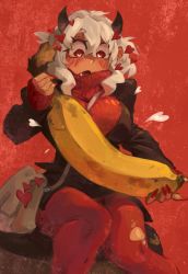 Rule 34 | 1girl, banana, blush, demon girl, fingernails, food, fruit, heart, heart-shaped pupils, helltaker, highres, horns, khyle., modeus (helltaker), nail polish, open mouth, oversized food, oversized object, pantyhose, phallic symbol, red background, red eyes, red nails, red pantyhose, sharp fingernails, solo, symbol-shaped pupils, tagme, torn clothes, white hair