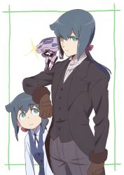 Rule 34 | 1boy, 1girl, arm at side, blue hair, blue vest, brown hair, character request, closed mouth, collared shirt, commentary request, constanze amalie von braunschbank-albrechtsberger, cowboy shot, glint, green eyes, highres, leaning forward, light frown, little witch academia, long sleeves, looking at another, looking at viewer, pants, ponytail, serious, shirt, standing, tama (tama-s), vest, white shirt, wing collar