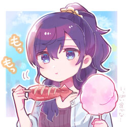 1girl :t asahina_mafuyu black_shirt blue_sky closed_mouth cloud collarbone cotton_candy day eating food fried_squid hair_between_eyes hair_over_shoulder holding holding_cotton_candy holding_food ikayaki keikyoku_no_machi_wa_doko_e_(project_sekai) long_hair open_clothes open_shirt ponytail project_sekai purple_eyes purple_hair red_sweater ribbed_shirt scrunchie shirt sky sorimachi-doufu sweater translation_request upper_body white_shirt